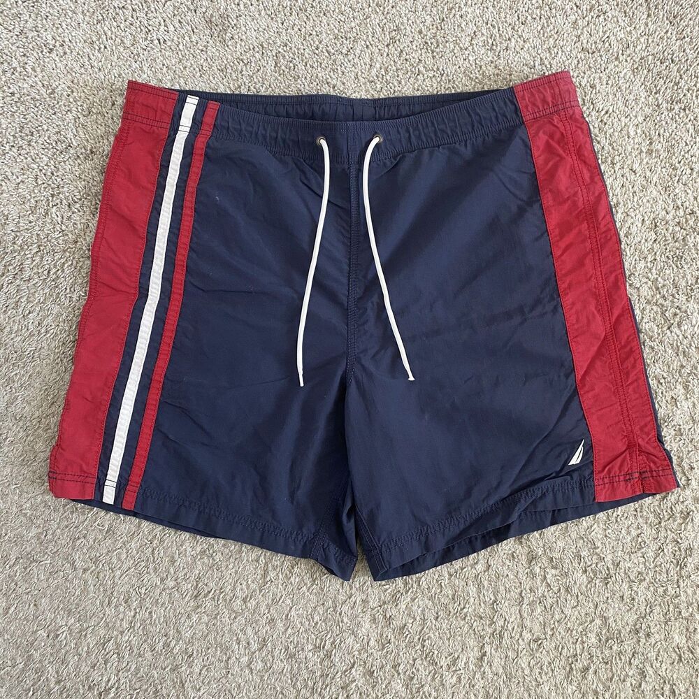 Nautica Men's L Colorblock Swim Shorts Red White Navy Elastic Waist Drawstring
